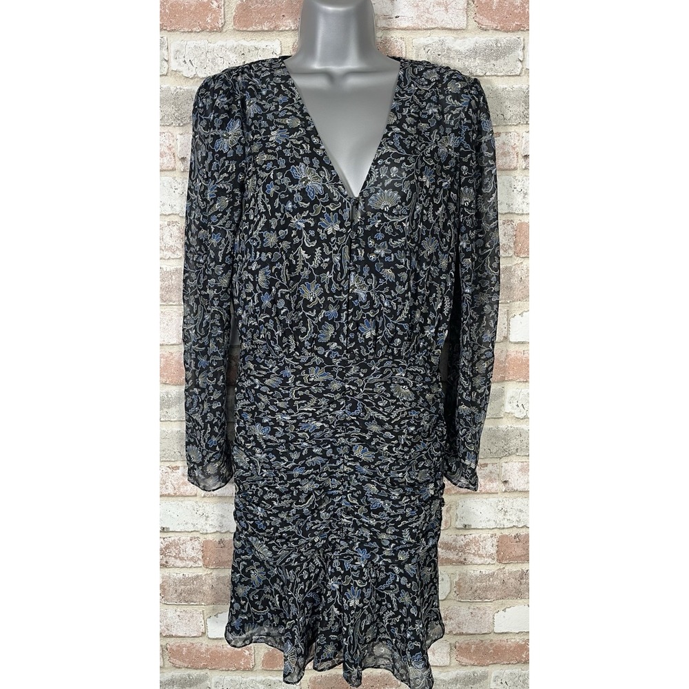 VERONICA BEARD Blue Floral 100% Silk Ruched Bell Sleeve Ruffle Dress Size 2 $595
